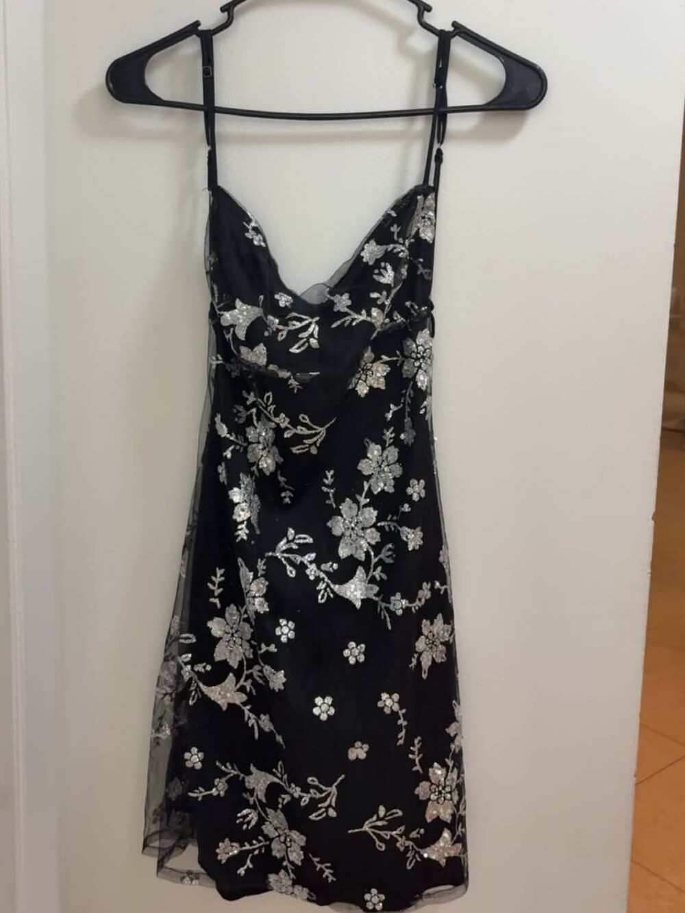 Lucy in the Sky Black Mini Dress w/ Silver Floral Overlay and Open Back, M